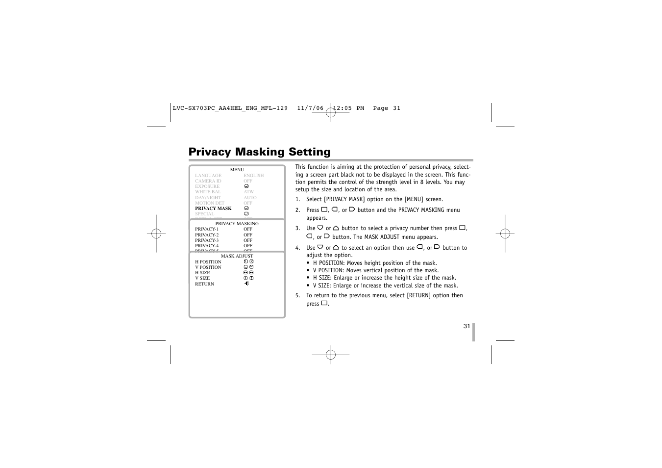 Privacy masking setting | LG LVC-SX703PB/OB/MB User Manual | Page 31 / 40