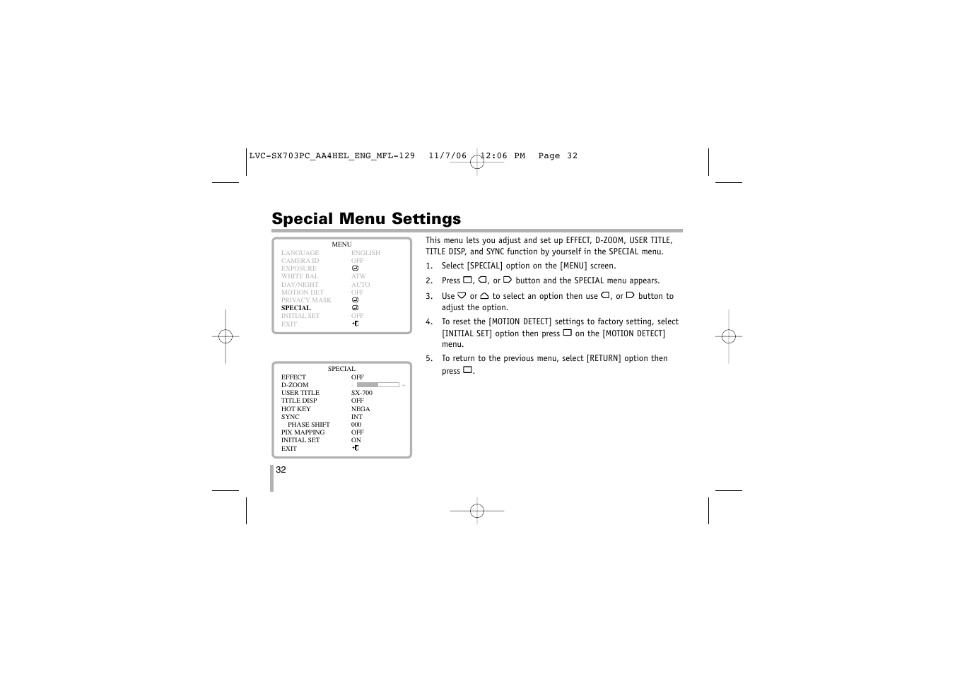 Special menu settings | LG LVC-SX703PB/OB/MB User Manual | Page 32 / 40