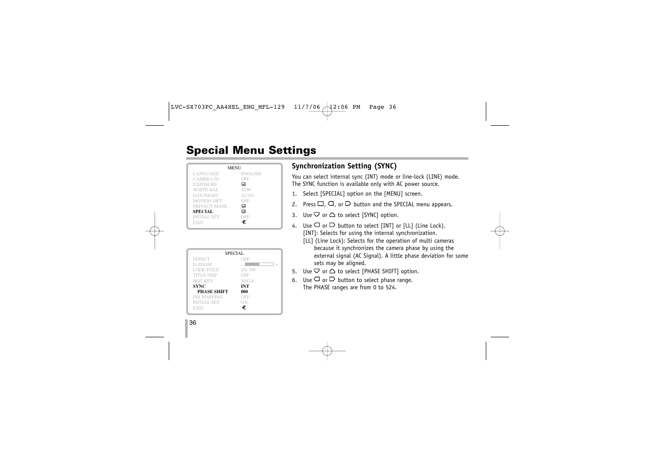 Special menu settings, Synchronization setting (sync) | LG LVC-SX703PB/OB/MB User Manual | Page 36 / 40