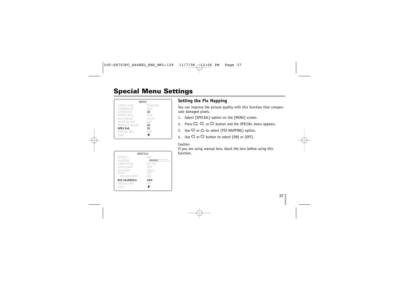 Special menu settings, Setting the pix mapping | LG LVC-SX703PB/OB/MB User Manual | Page 37 / 40