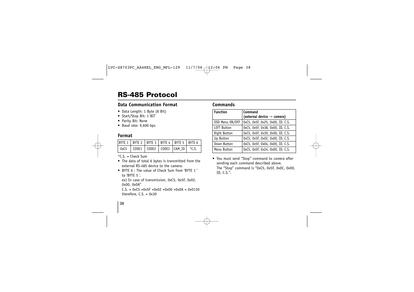 Rs-485 protocol | LG LVC-SX703PB/OB/MB User Manual | Page 38 / 40