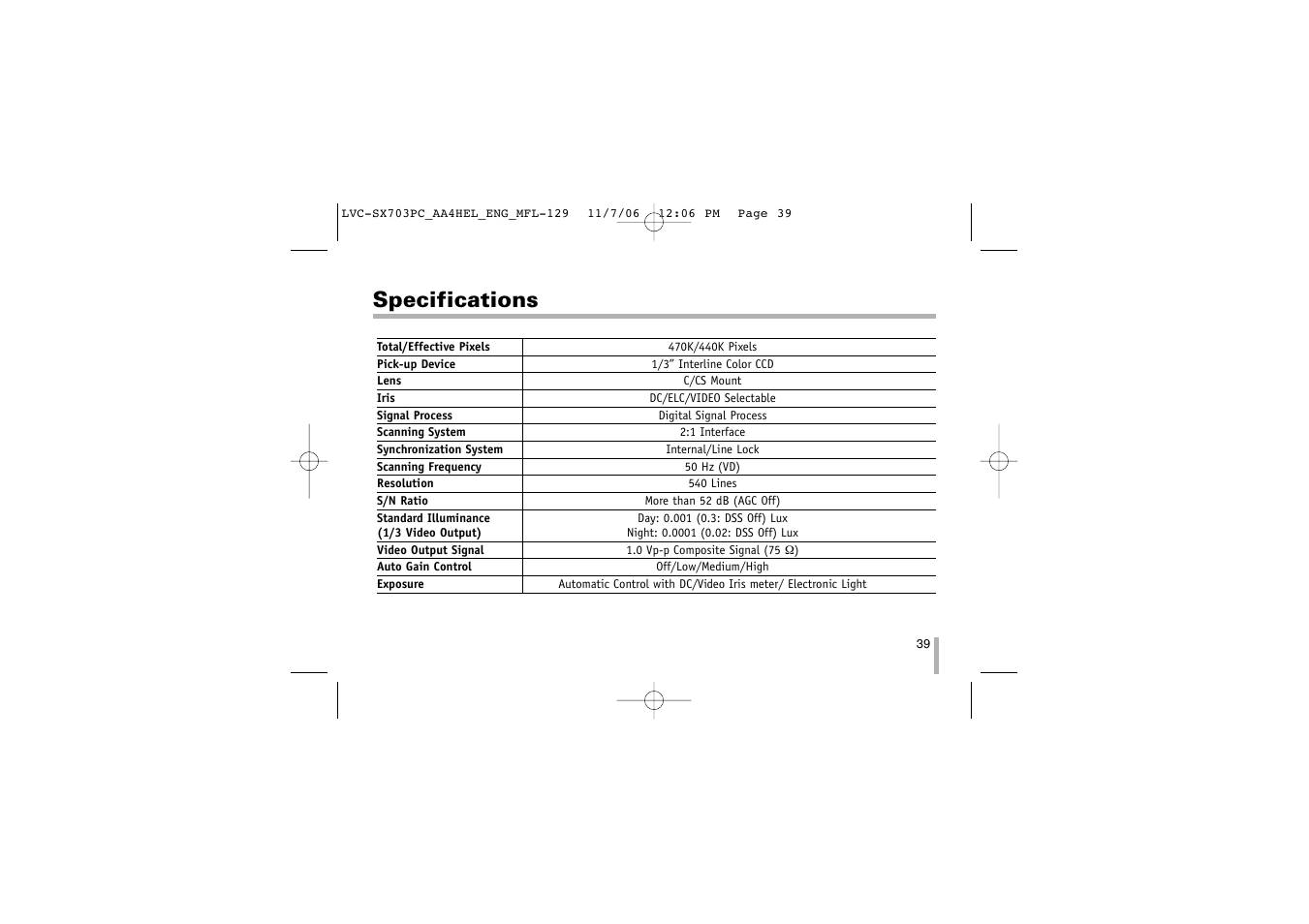 Specifications | LG LVC-SX703PB/OB/MB User Manual | Page 39 / 40