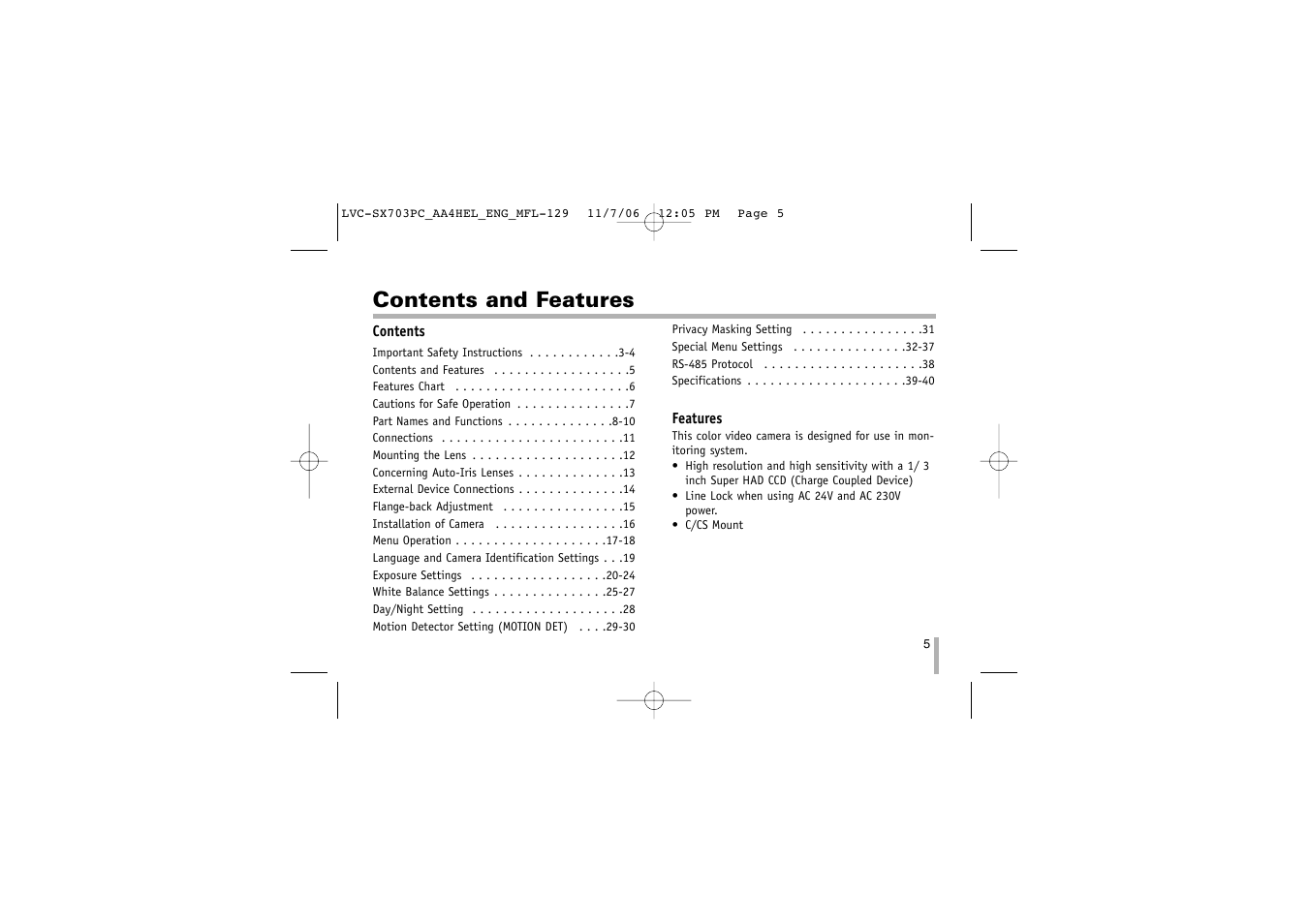Contents and features | LG LVC-SX703PB/OB/MB User Manual | Page 5 / 40