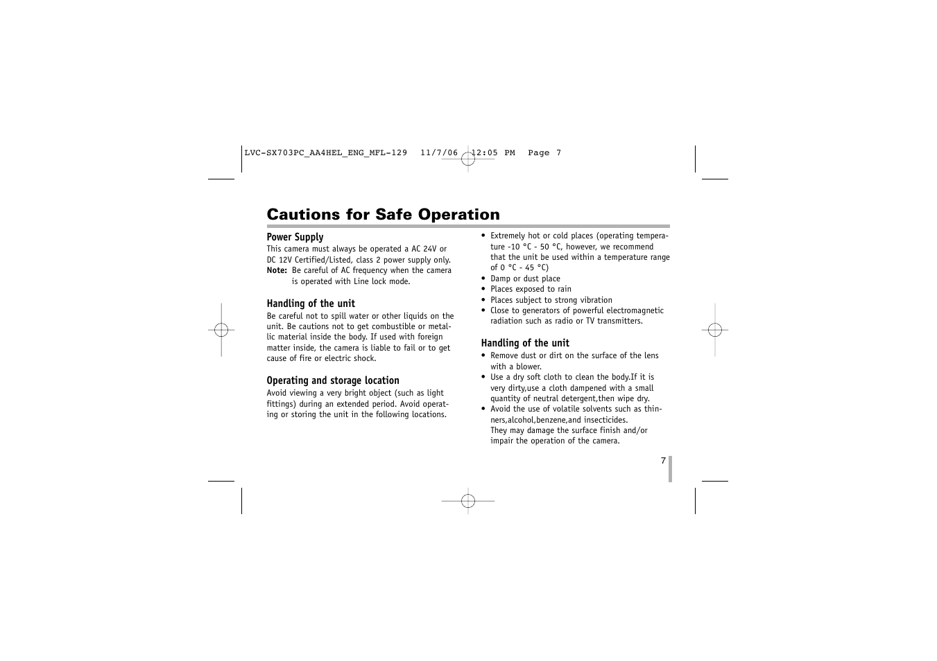 Cautions for safe operation | LG LVC-SX703PB/OB/MB User Manual | Page 7 / 40