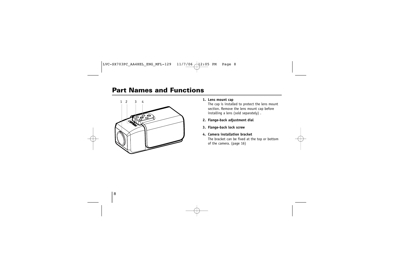 Part names and functions | LG LVC-SX703PB/OB/MB User Manual | Page 8 / 40
