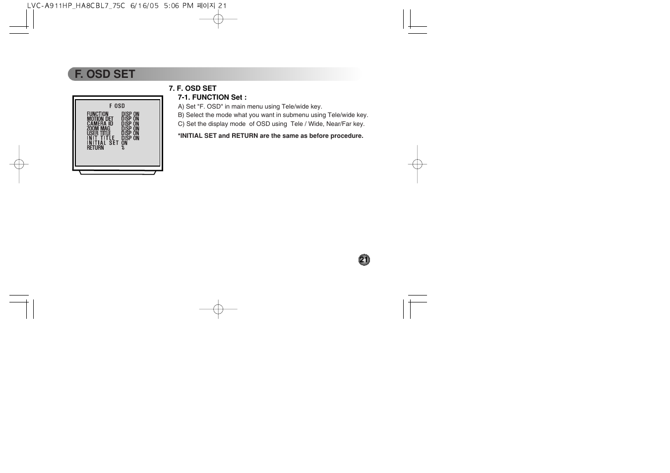 F. osd set | LG LVC-A912 User Manual | Page 21 / 54