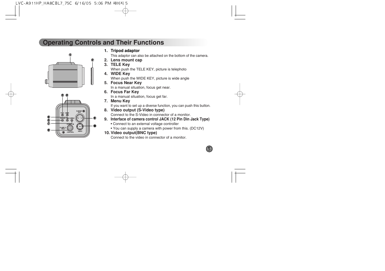 Operating controls and their functions | LG LVC-A912 User Manual | Page 5 / 54