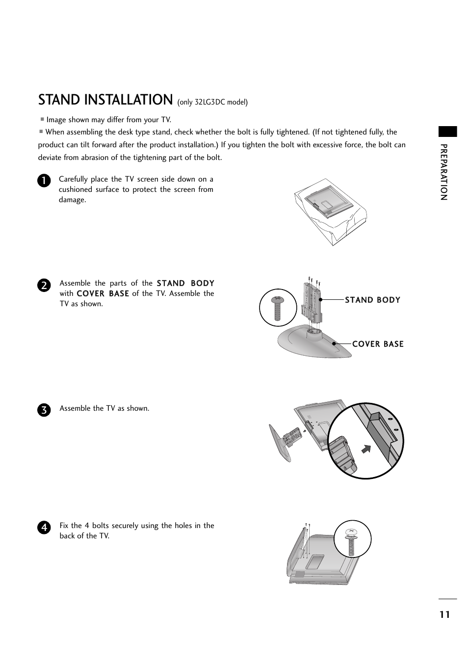 Stand installation | LG 263DCH User Manual | Page 13 / 88