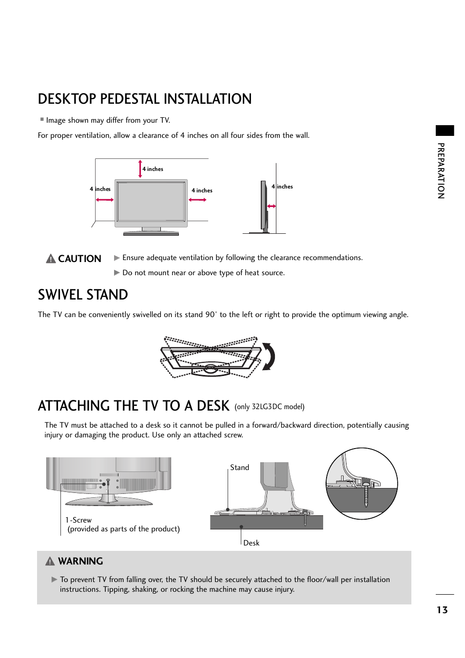 Desktop pedestal installation, Swivel stand, Attaching the tv to a desk | Caution, Warning | LG 263DCH User Manual | Page 15 / 88