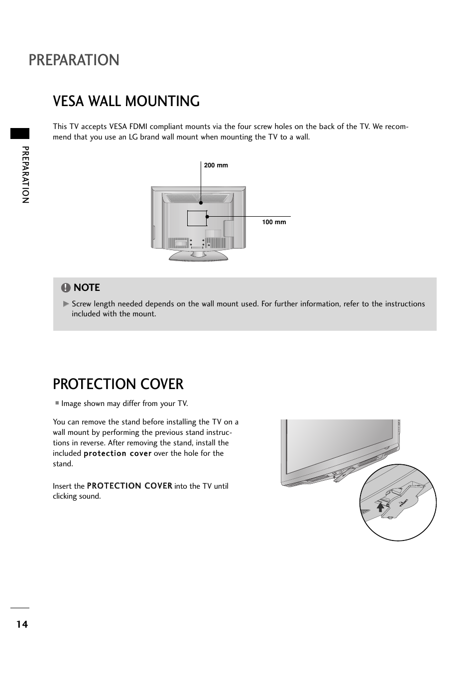 Preparation, Vesa wall mounting, Protection cover | LG 263DCH User Manual | Page 16 / 88