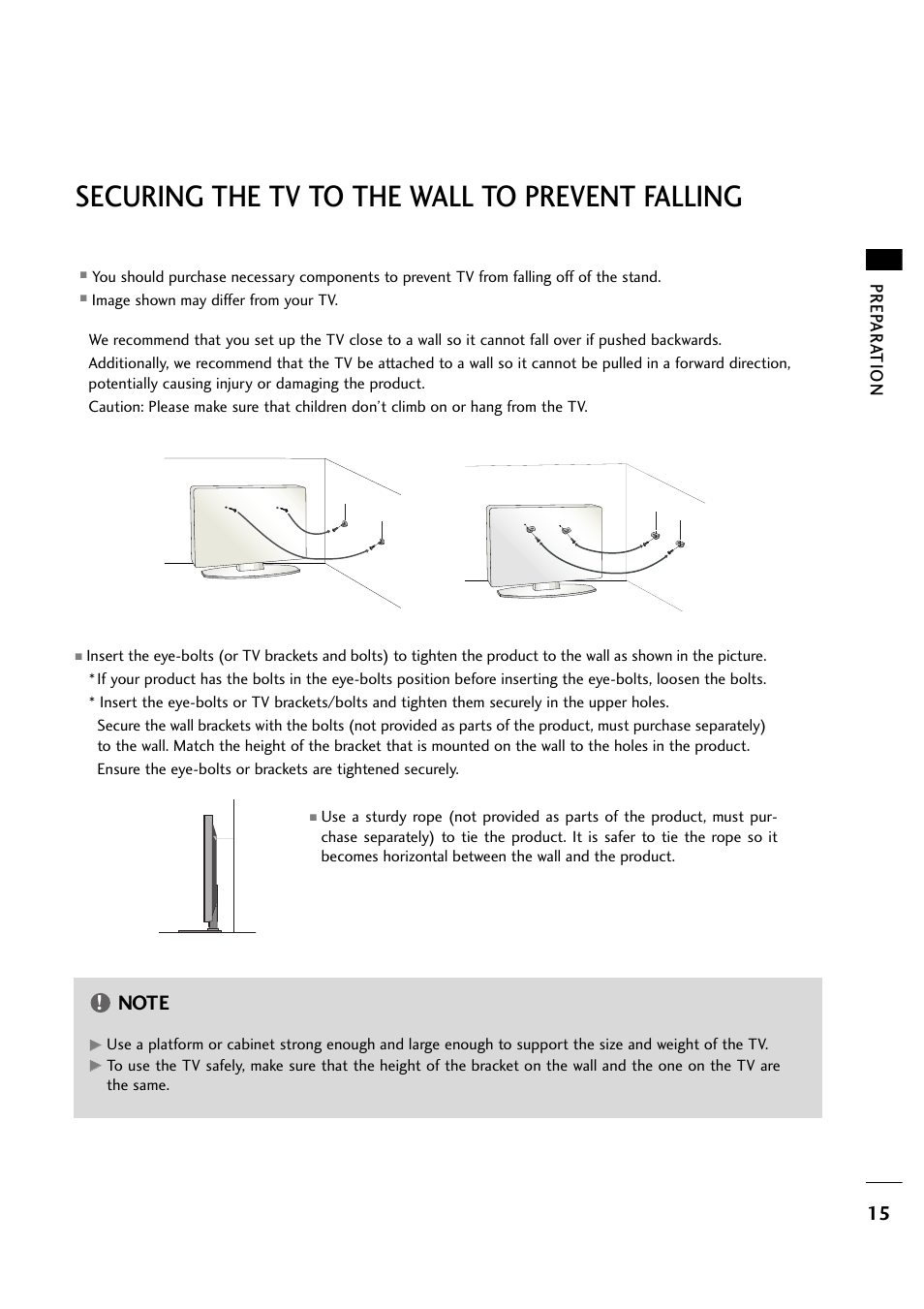 Securing the tv to the wall to prevent falling | LG 263DCH User Manual | Page 17 / 88