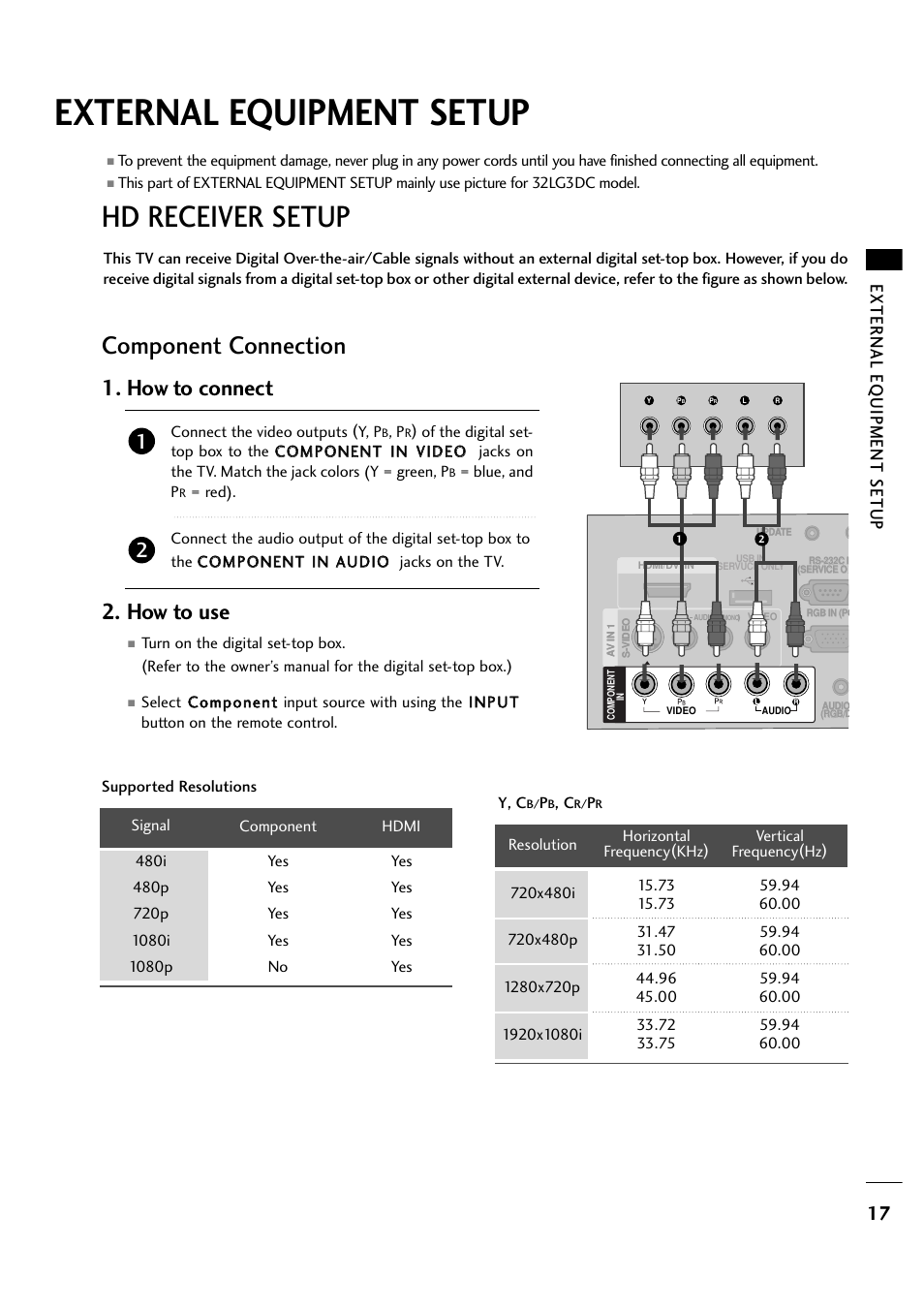 External equipment setup, Hd receiver setup, Component connection | How to connect, How to use, External eq uipment setup | LG 263DCH User Manual | Page 19 / 88