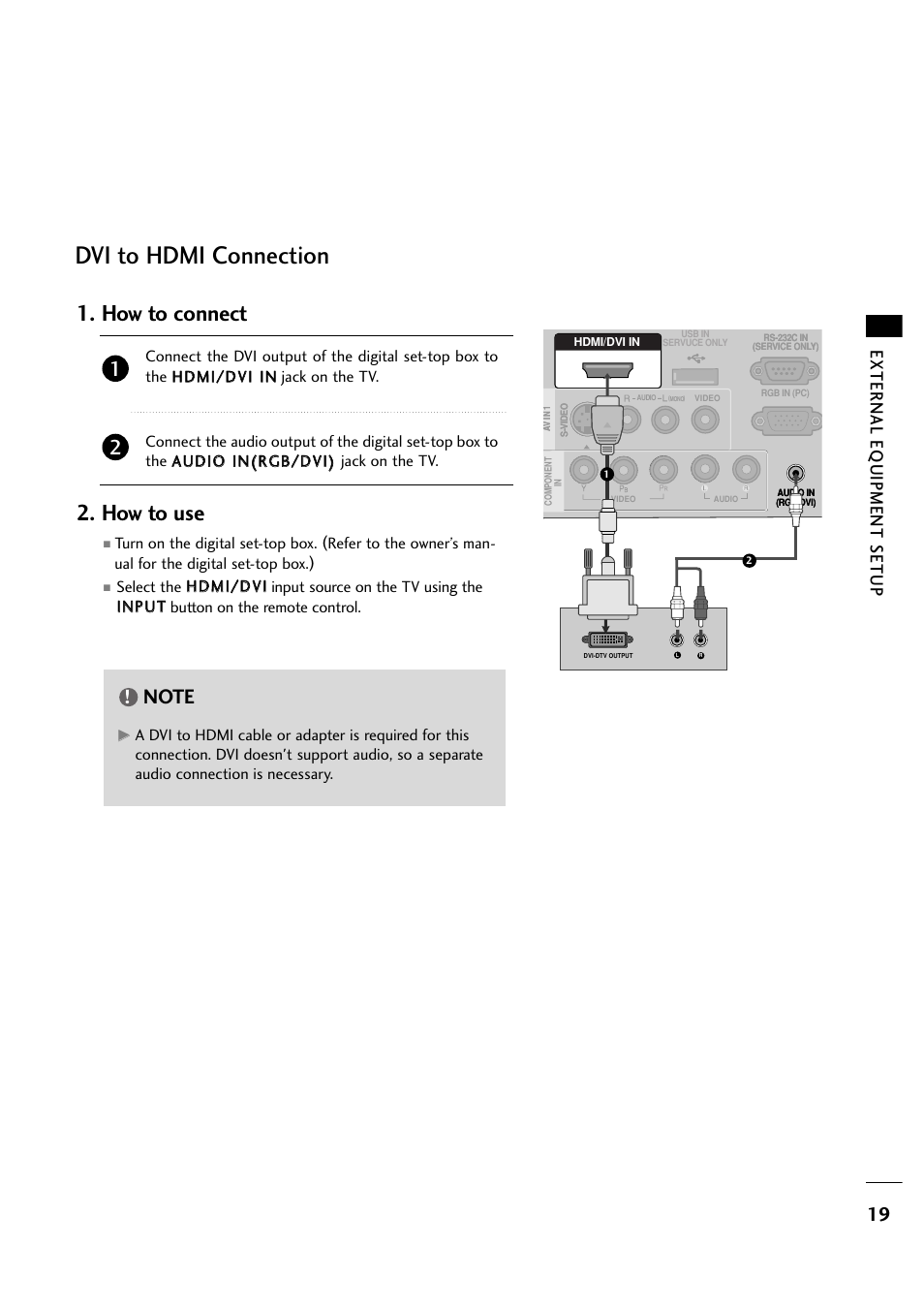 Dvi to hdmi connection, How to connect 2. how to use, External eq uipment setup | LG 263DCH User Manual | Page 21 / 88
