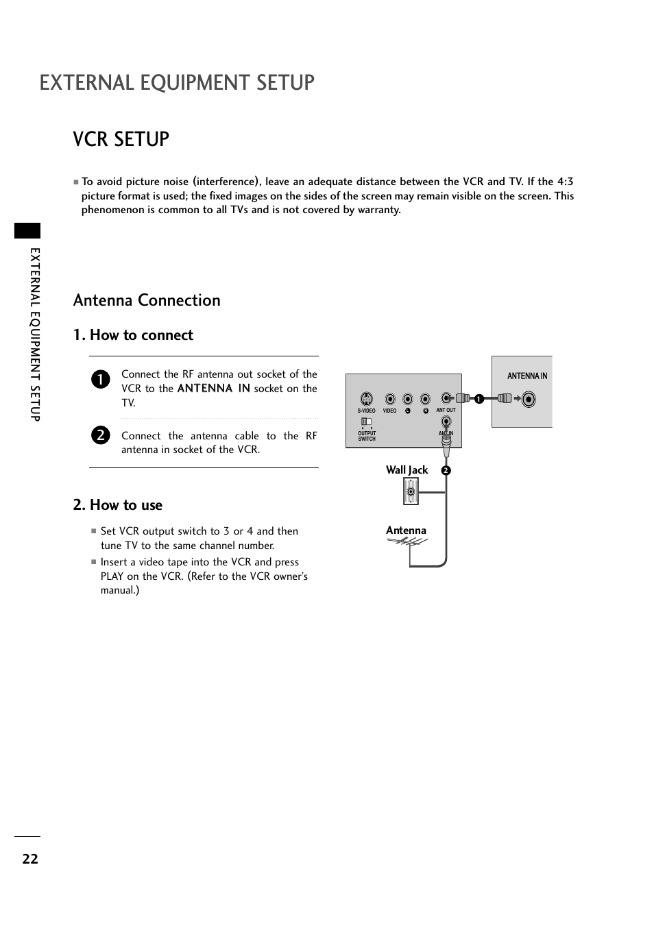 External equipment setup, Vcr setup, Antenna connection | How to connect 2. how to use, External eq uipment setup | LG 263DCH User Manual | Page 24 / 88