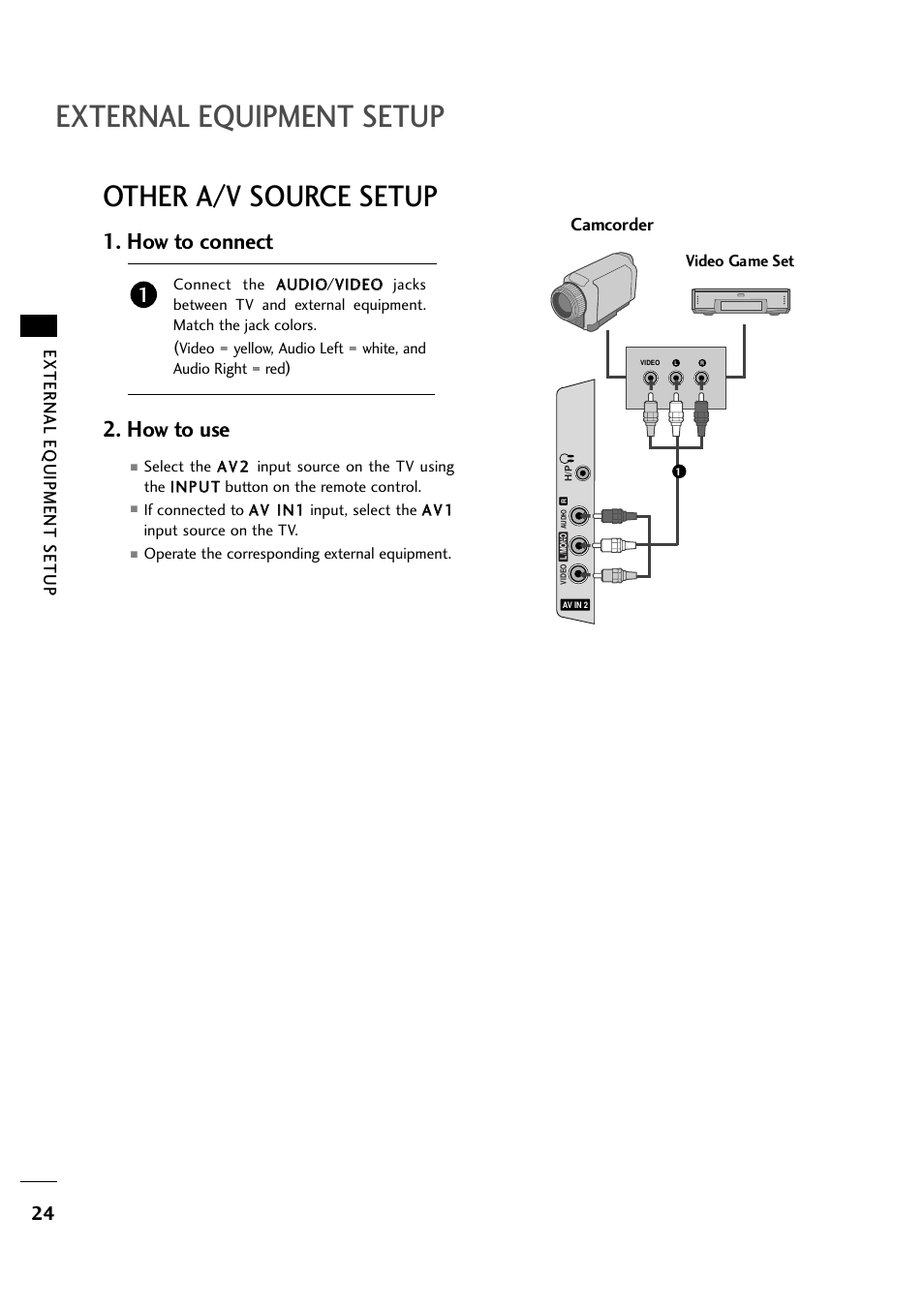 External equipment setup, Other a/v source setup, How to connect 2. how to use | External eq uipment setup, Camcorder | LG 263DCH User Manual | Page 26 / 88