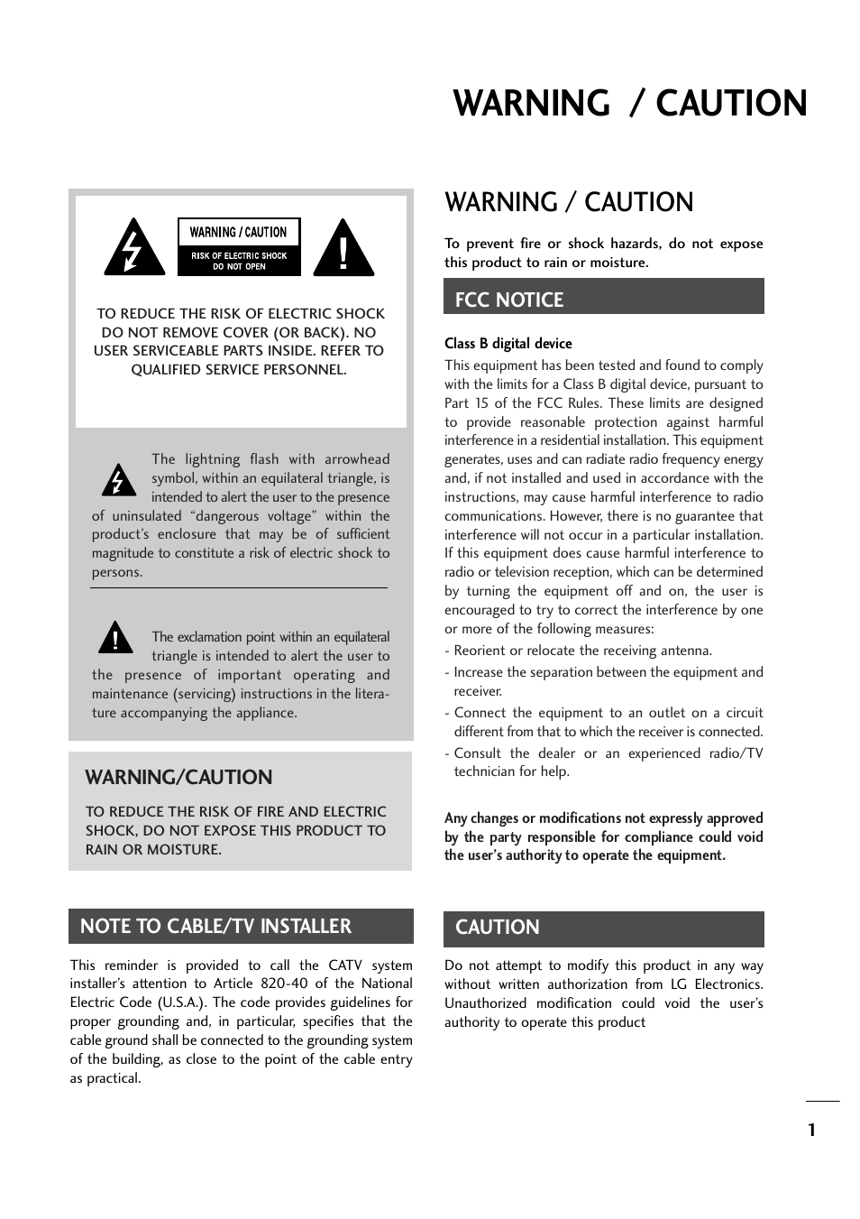 Warning / caution, Fcc notice, Caution | Warning/caution | LG 263DCH User Manual | Page 3 / 88