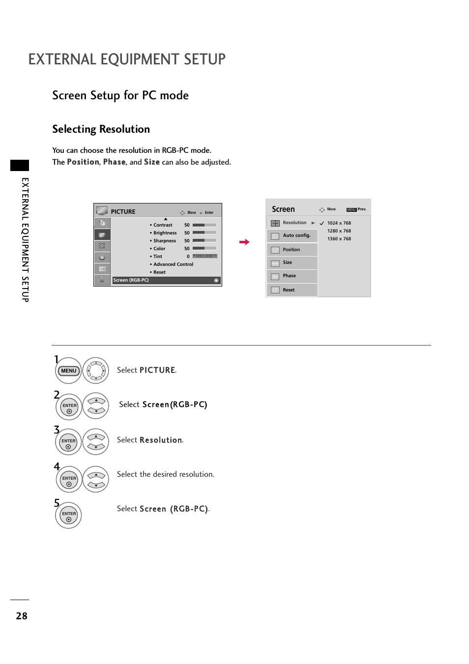 External equipment setup, Screen setup for pc mode, Selecting resolution | External eq uipment setup | LG 263DCH User Manual | Page 30 / 88