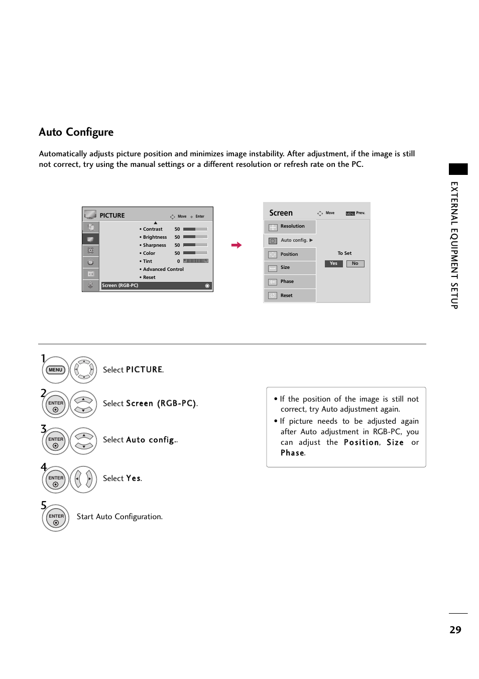 Auto configure, External eq uipment setup | LG 263DCH User Manual | Page 31 / 88