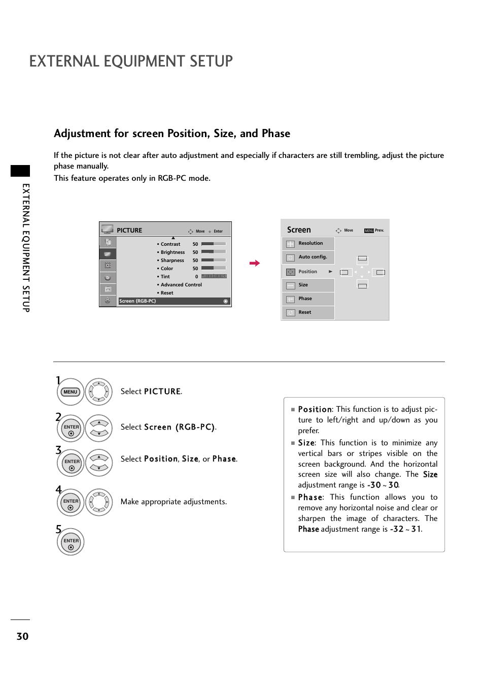 External equipment setup, Adjustment for screen position, size, and phase, External eq uipment setup | LG 263DCH User Manual | Page 32 / 88