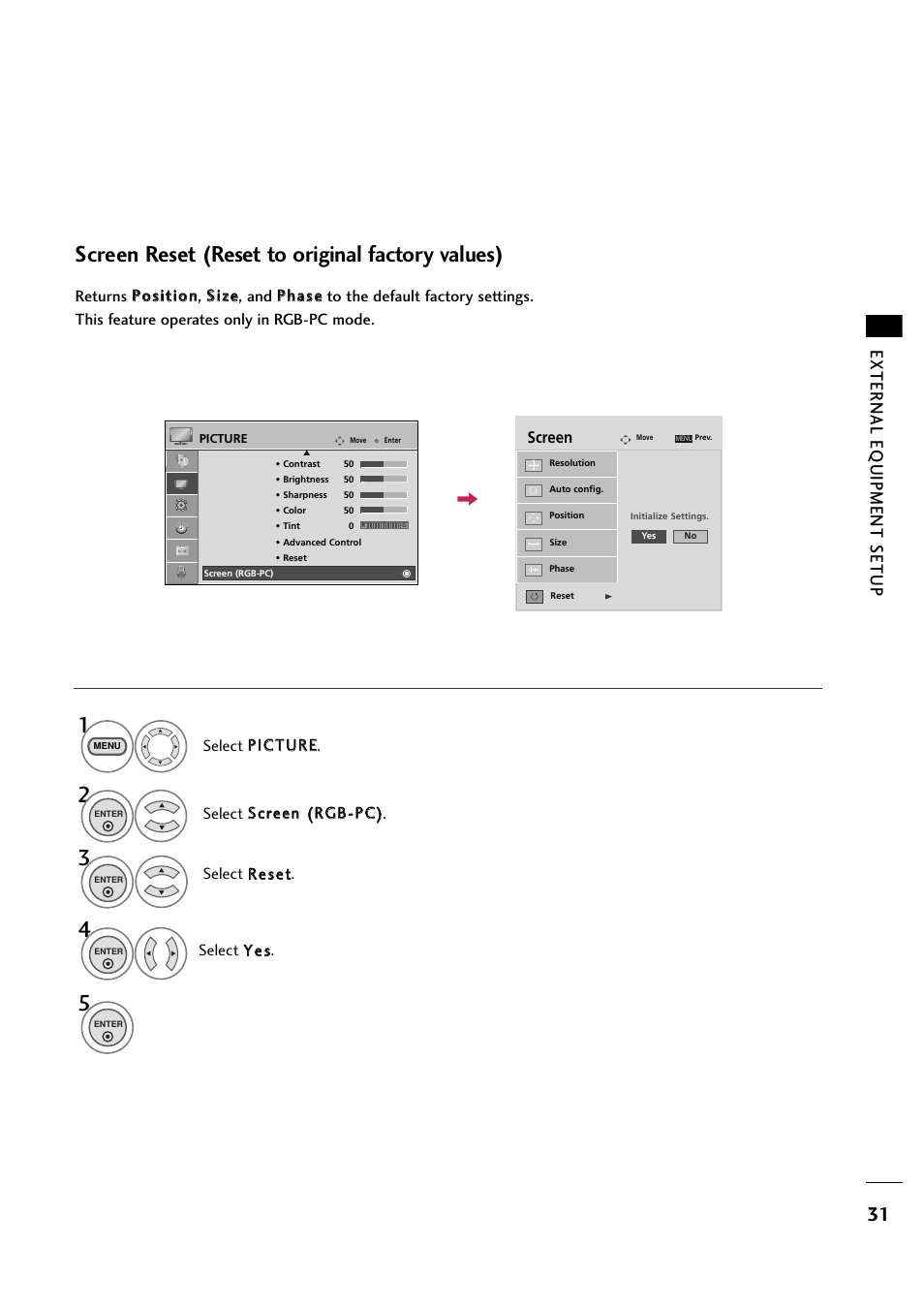 Screen reset (reset to original factory values), External eq uipment setup | LG 263DCH User Manual | Page 33 / 88