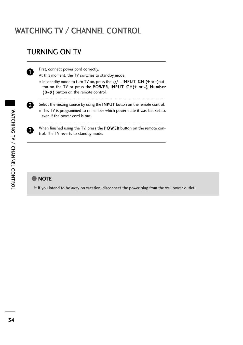 Watching tv / channel control, Turning on tv | LG 263DCH User Manual | Page 36 / 88