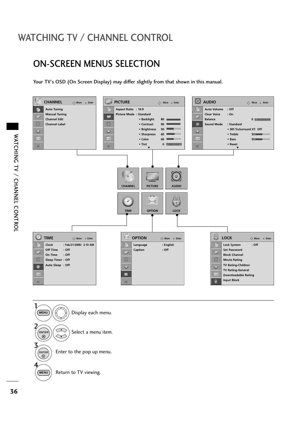 Watching tv / channel control, On-screen menus selection, Wa tching tv / channel contr ol | Return to tv viewing | LG 263DCH User Manual | Page 38 / 88