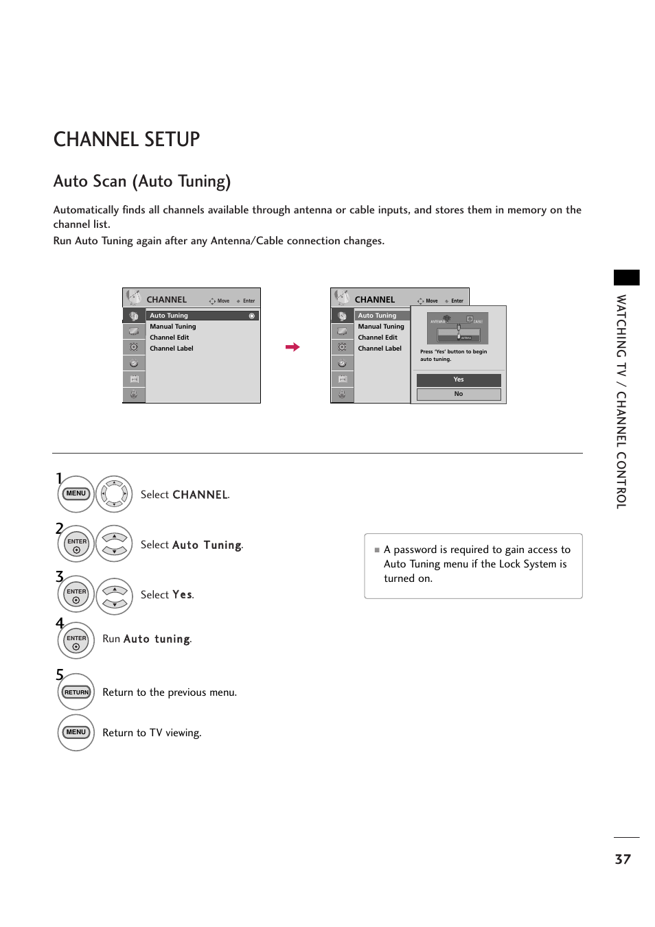 Channel setup, Auto scan (auto tuning), Wa tching tv / channel contr ol | LG 263DCH User Manual | Page 39 / 88