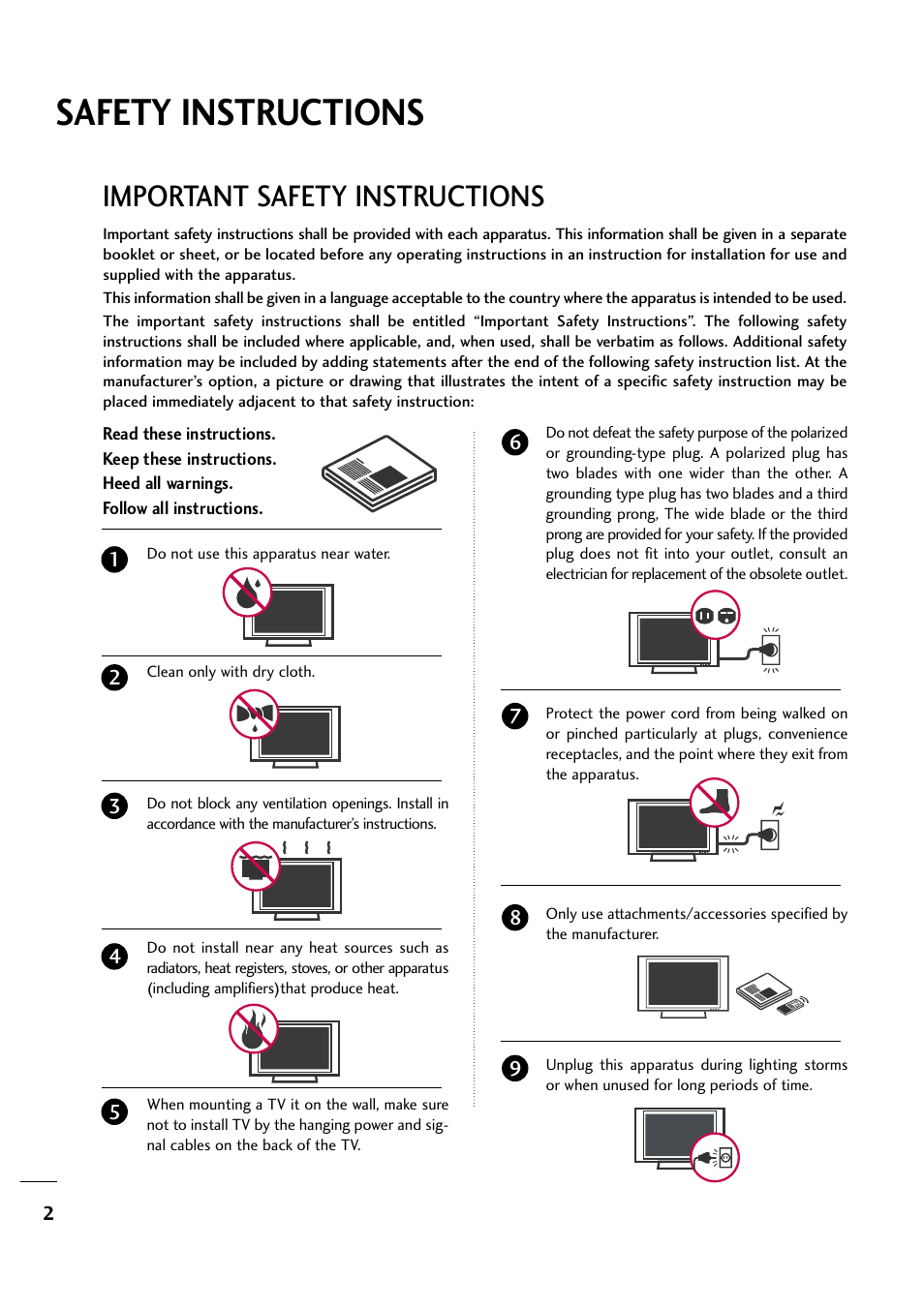 Safety instructions, Important safety instructions | LG 263DCH User Manual | Page 4 / 88