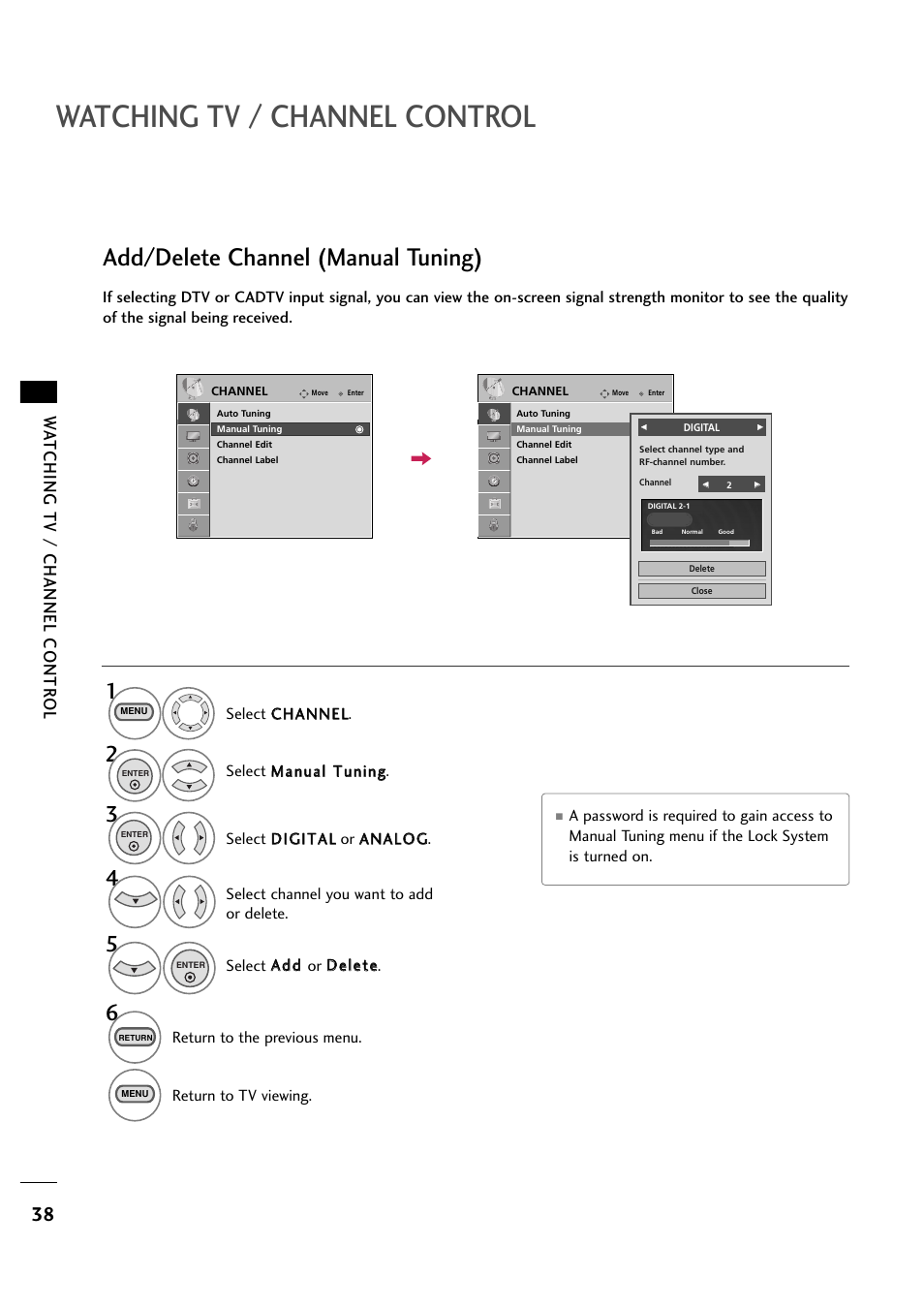 Watching tv / channel control, Add/delete channel (manual tuning), Wa tching tv / channel contr ol | LG 263DCH User Manual | Page 40 / 88