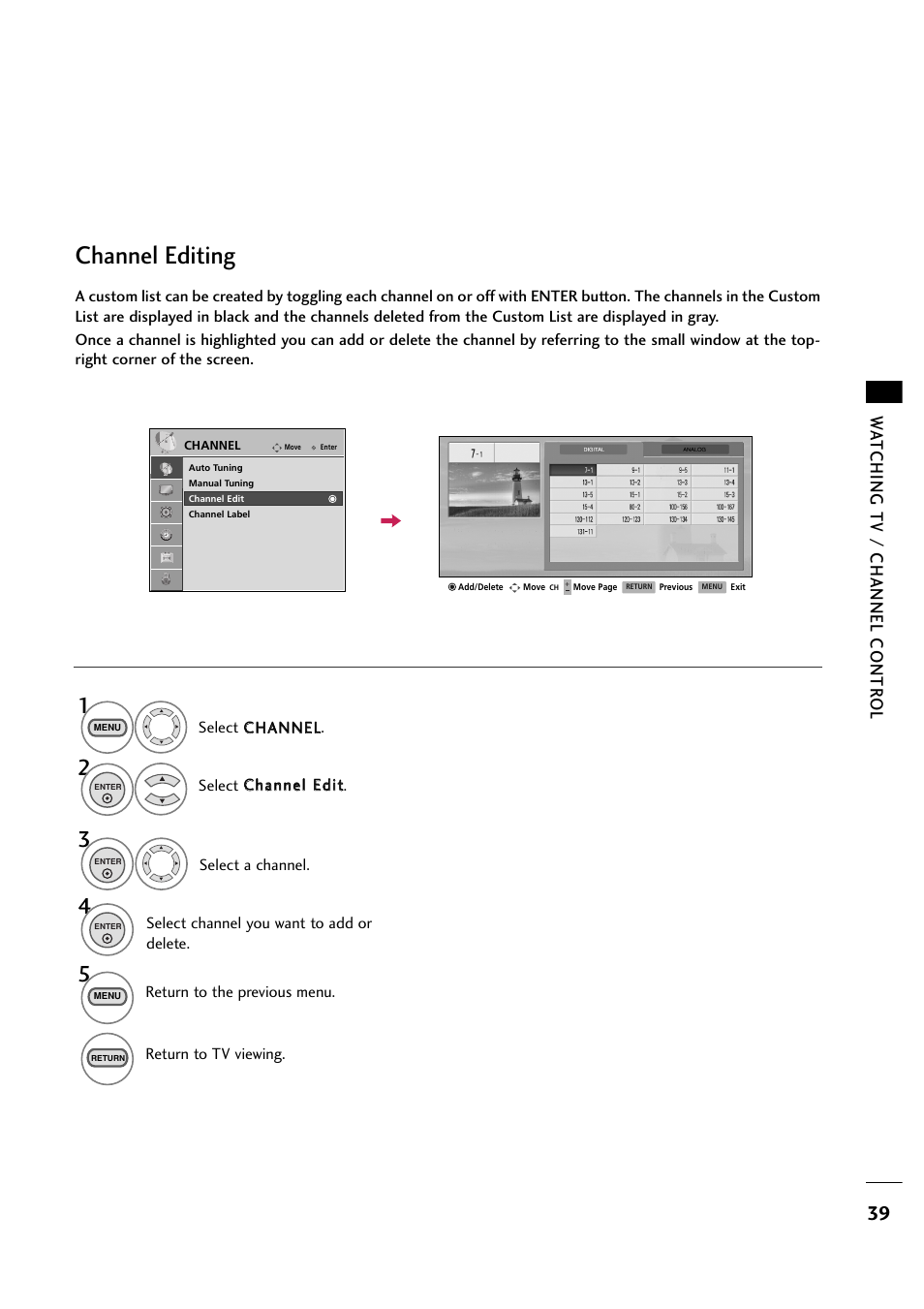 Channel editing, Wa tching tv / channel contr ol | LG 263DCH User Manual | Page 41 / 88