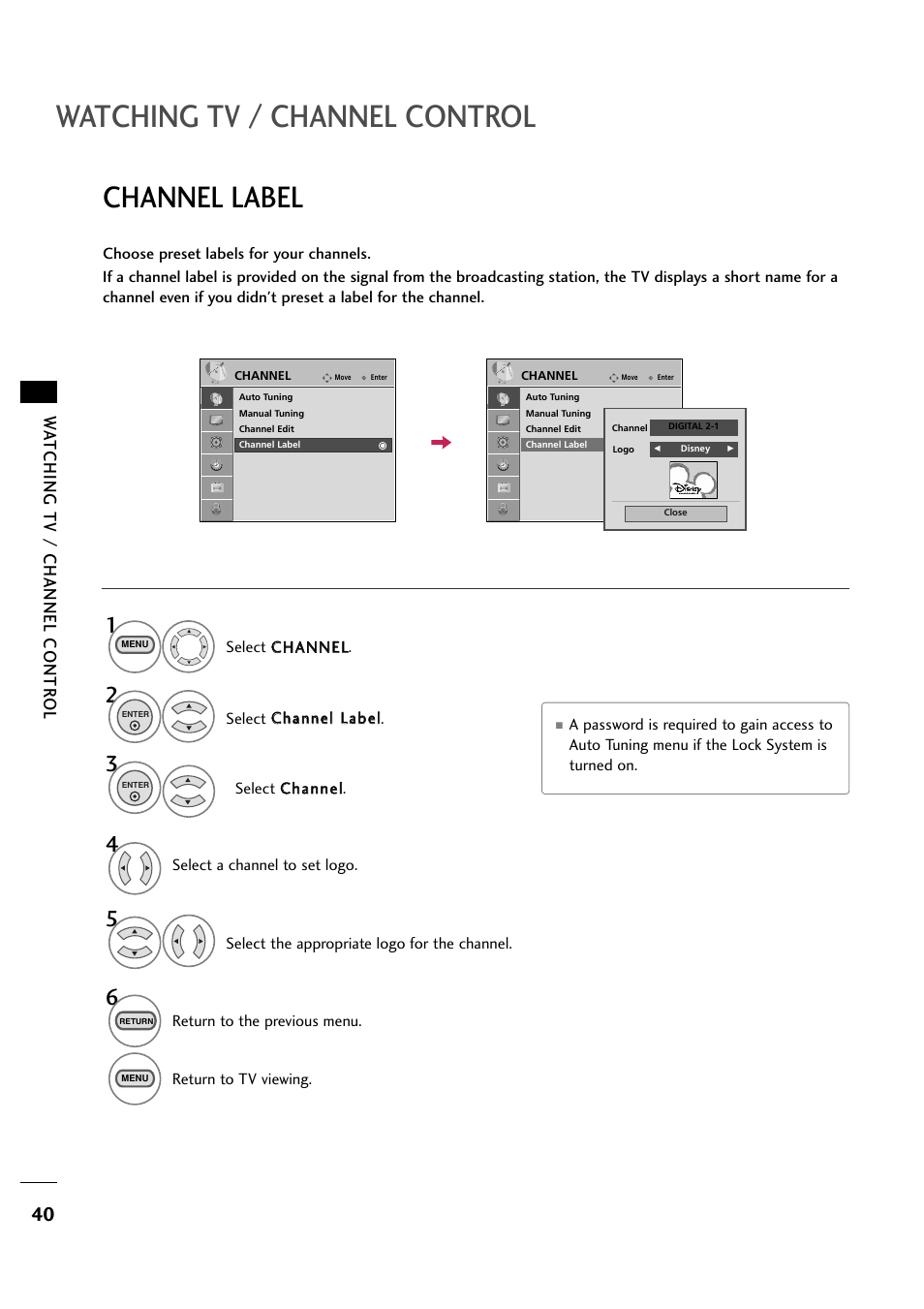 Watching tv / channel control, Channel label, Wa tching tv / channel contr ol | LG 263DCH User Manual | Page 42 / 88