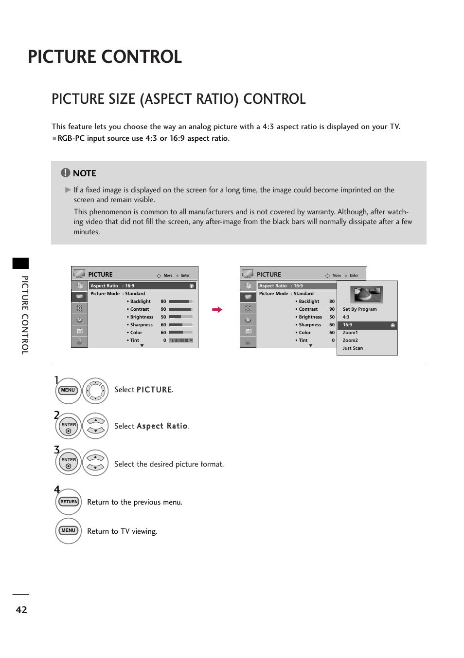 Picture control, Picture size (aspect ratio) control, Picture contr ol | Return to the previous menu, Return to tv viewing | LG 263DCH User Manual | Page 44 / 88