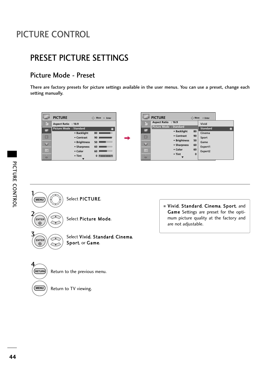 Picture control, Preset picture settings, Picture mode - preset | Picture contr ol | LG 263DCH User Manual | Page 46 / 88