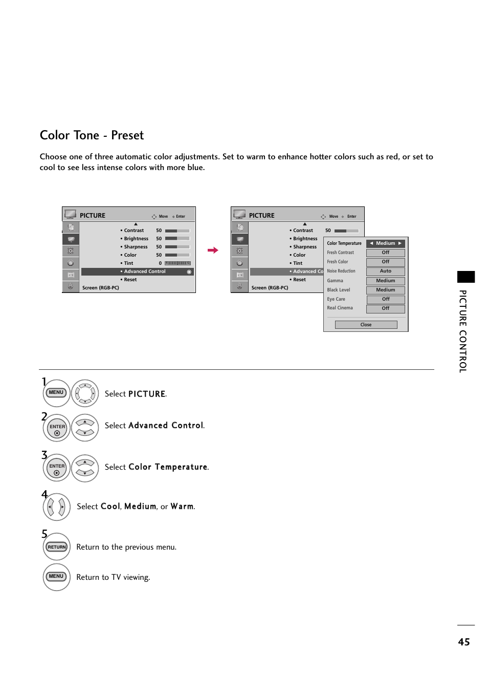 Color tone - preset, Picture contr ol, Select a ad dvvaan ncceed d c co on nttrro oll | Return to the previous menu, Return to tv viewing | LG 263DCH User Manual | Page 47 / 88