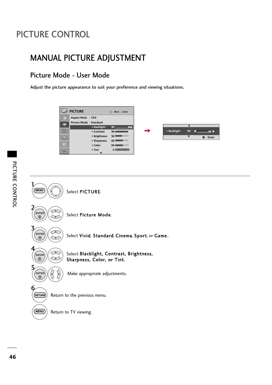 Picture control, Manual picture adjustment, Picture mode - user mode | Picture contr ol | LG 263DCH User Manual | Page 48 / 88