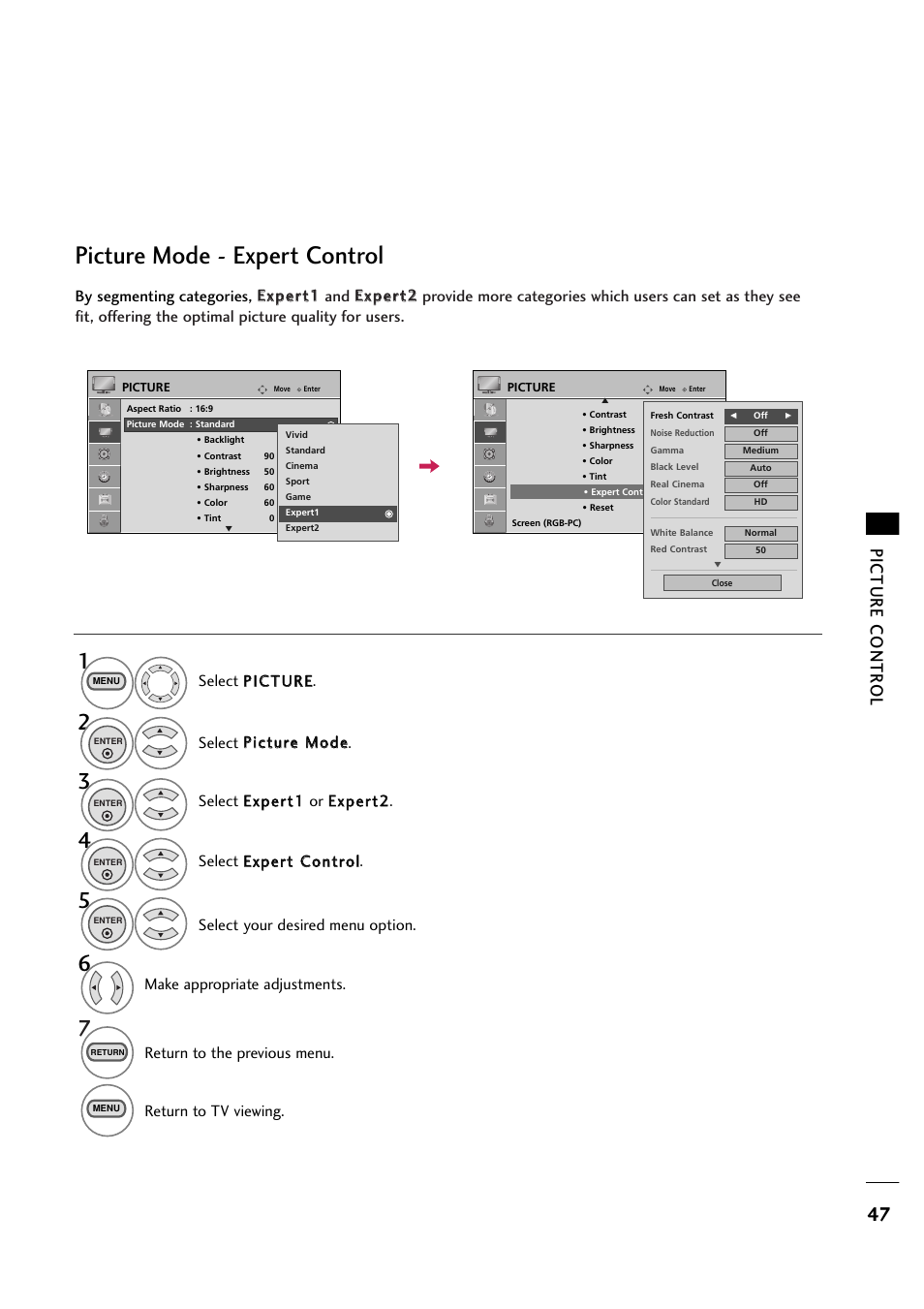 Picture mode - expert control, Picture contr ol, Make appropriate adjustments | Return to the previous menu. return to tv viewing | LG 263DCH User Manual | Page 49 / 88