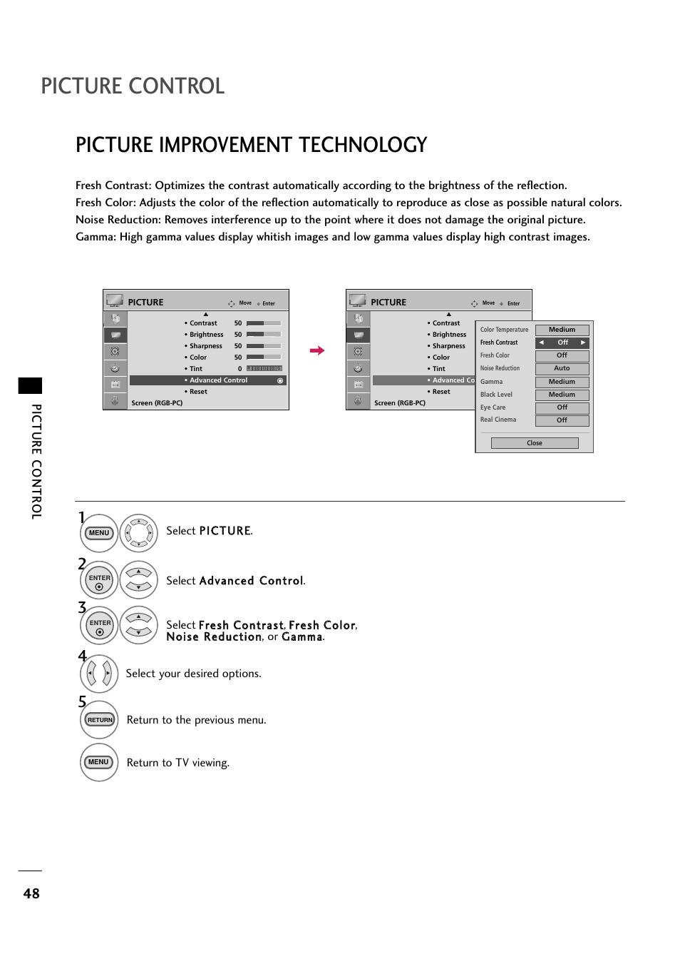 Picture control, Picture improvement technology, Picture contr ol | LG 263DCH User Manual | Page 50 / 88