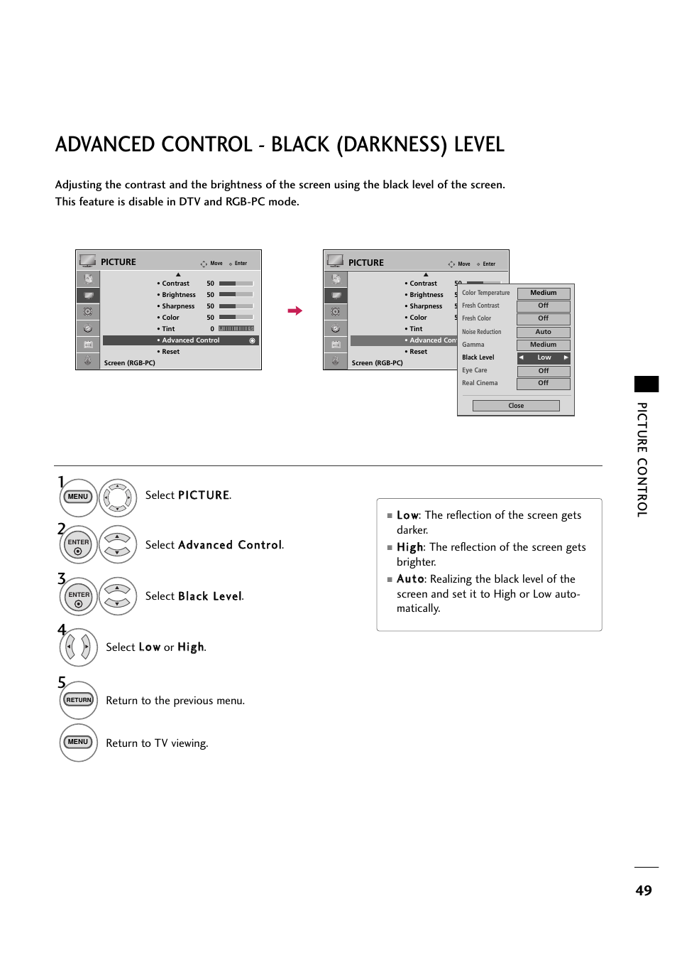 Advanced control - black (darkness) level, Picture contr ol, Return to the previous menu | Return to tv viewing | LG 263DCH User Manual | Page 51 / 88