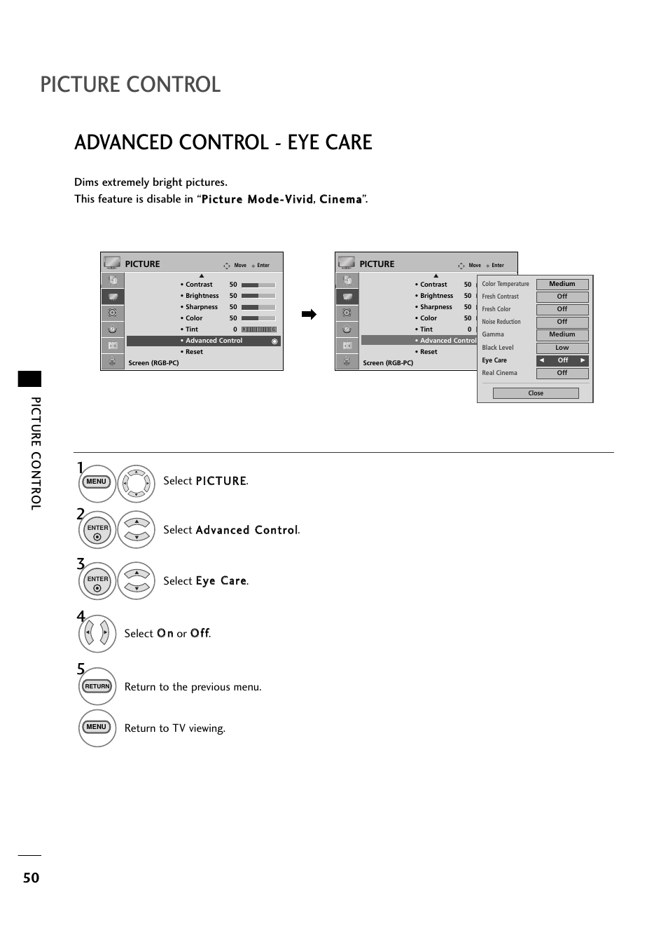 Picture control, Advanced control - eye care, Picture contr ol | Return to the previous menu, Return to tv viewing | LG 263DCH User Manual | Page 52 / 88