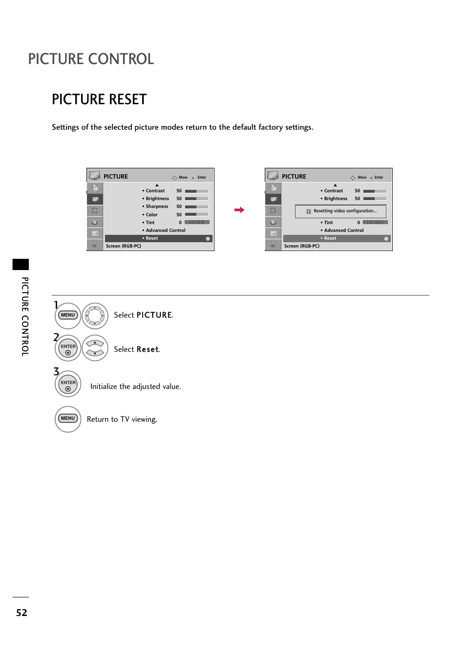 Picture control, Picture reset, Picture contr ol | Return to tv viewing | LG 263DCH User Manual | Page 54 / 88