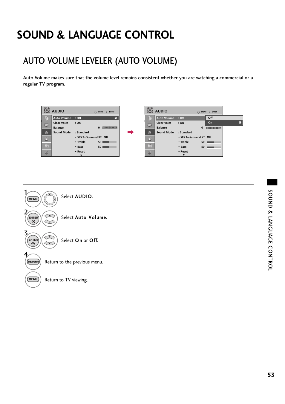 Sound & language control, Auto volume leveler (auto volume), Sound & langu a ge contr ol | LG 263DCH User Manual | Page 55 / 88