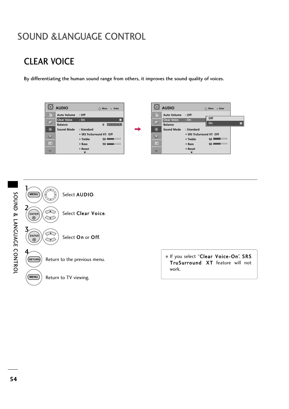 Sound &language control, Clear voice, Sound & langu a ge contr ol | LG 263DCH User Manual | Page 56 / 88