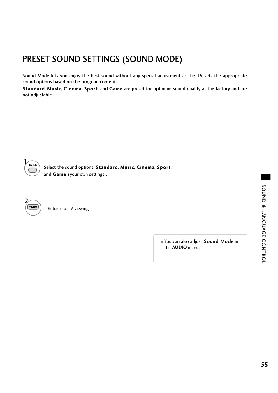 Preset sound settings (sound mode) | LG 263DCH User Manual | Page 57 / 88