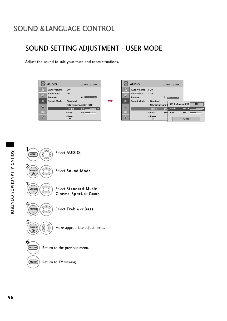 Sound &language control, Sound setting adjustment - user mode, Sound & langu a ge contr ol | LG 263DCH User Manual | Page 58 / 88