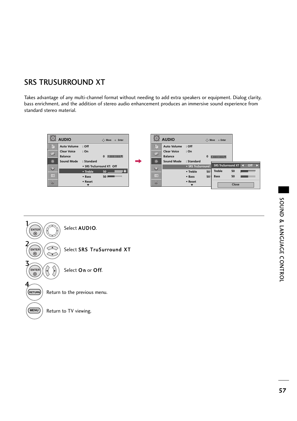 Srs trusurround xt, Sound & langu a ge contr ol, Return to the previous menu | Return to tv viewing | LG 263DCH User Manual | Page 59 / 88