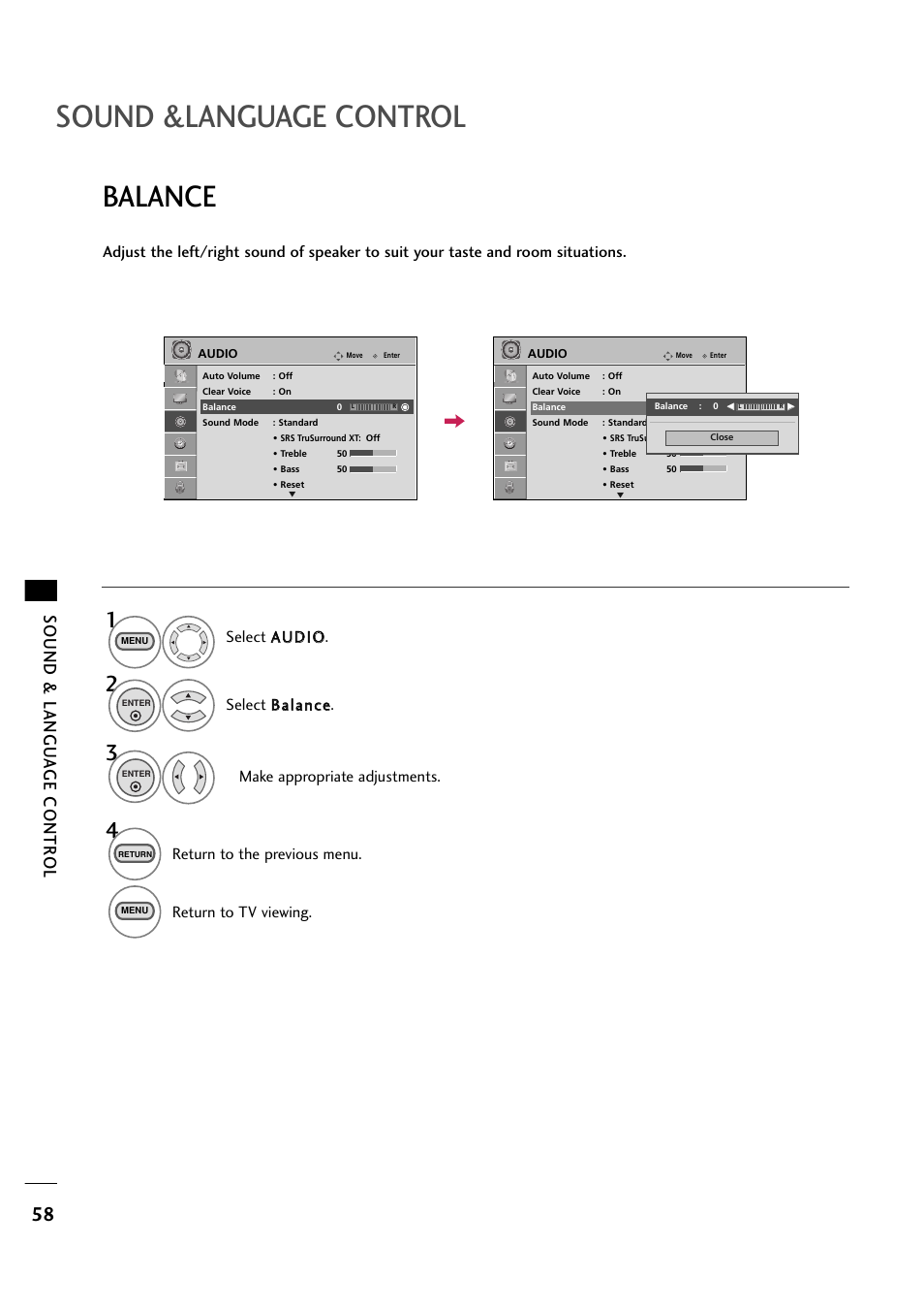 Sound &language control, Balance, Sound & langu a ge contr ol | Return to the previous menu, Return to tv viewing | LG 263DCH User Manual | Page 60 / 88