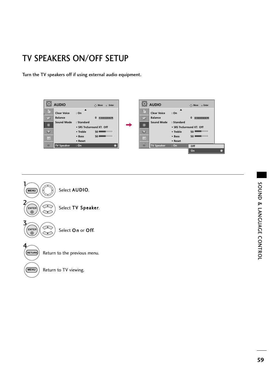 Tv speakers on/off setup, Sound & langu a ge contr ol, Return to the previous menu | Return to tv viewing | LG 263DCH User Manual | Page 61 / 88