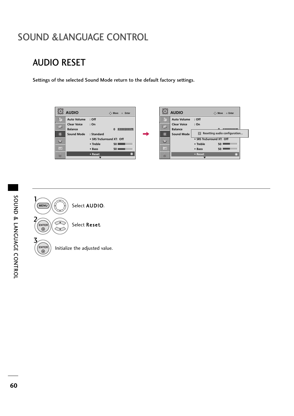 Sound &language control, Audio reset, Sound & langu a ge contr ol | Initialize the adjusted value | LG 263DCH User Manual | Page 62 / 88