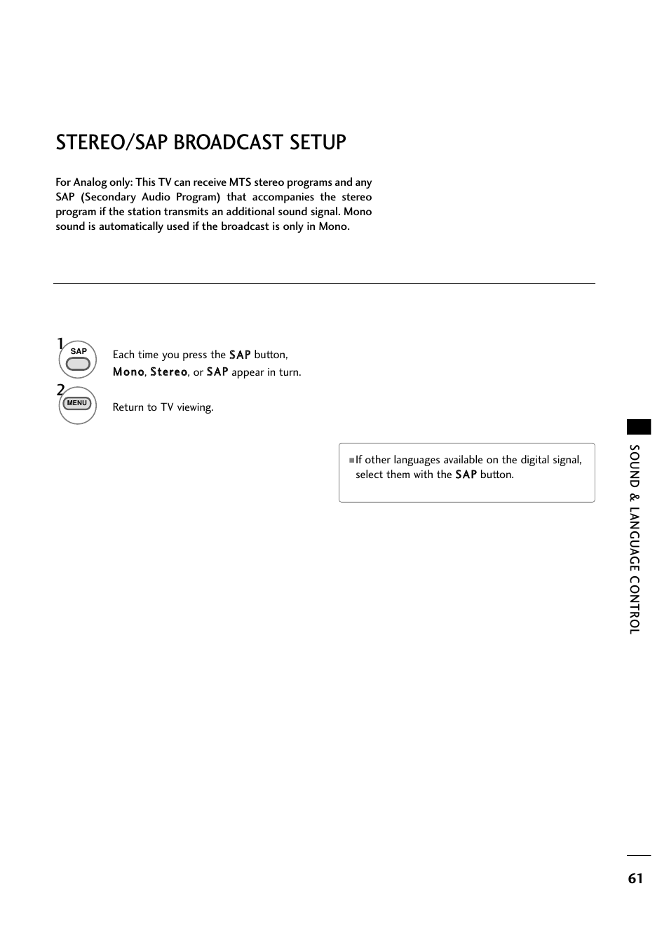 Stereo/sap broadcast setup | LG 263DCH User Manual | Page 63 / 88