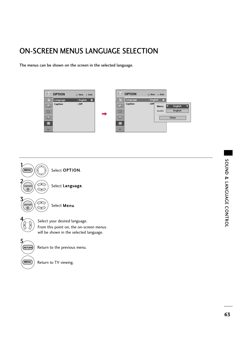 On-screen menus language selection, Sound & langu a ge contr ol | LG 263DCH User Manual | Page 65 / 88